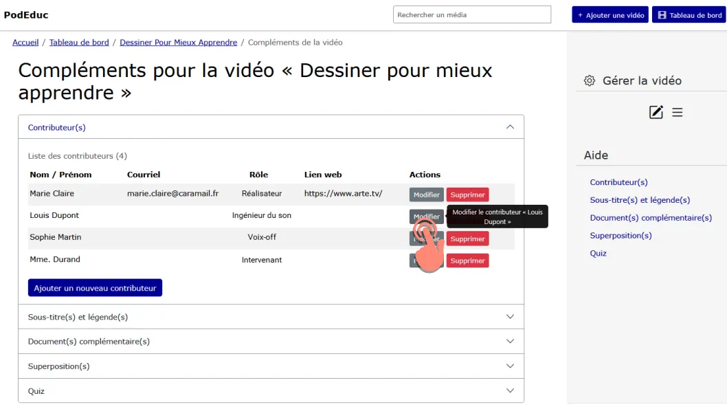 cliquer sur modifier dans la colonne action du tableau des contributeurs.