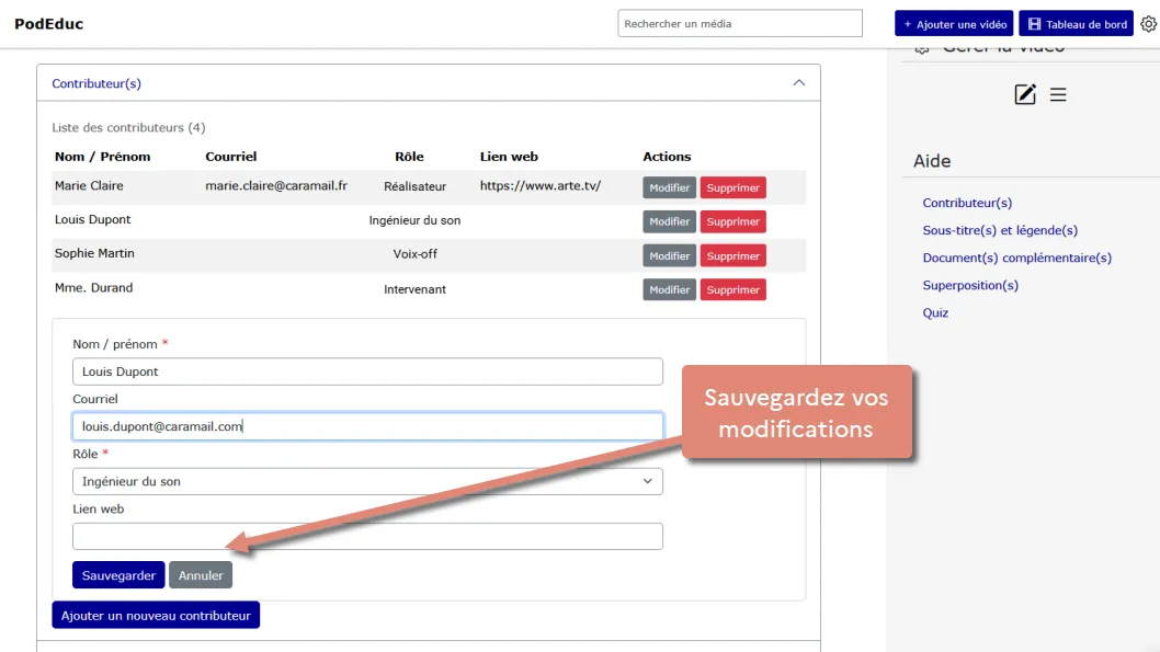 modifier et cliquer sur le bouton sauvegarder.