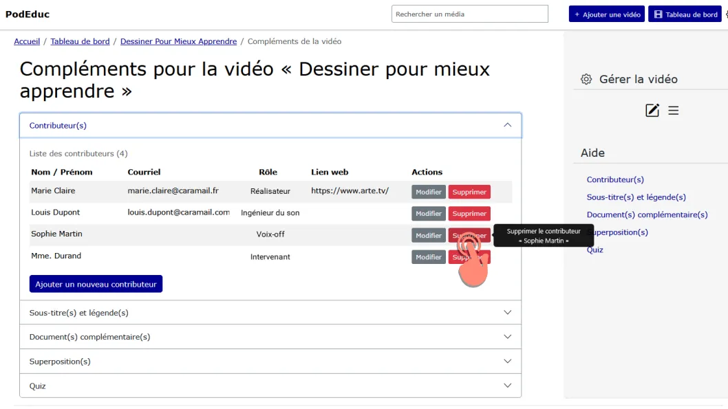 cliquer sur bouton supprimer dans la colonne actions du tableau des contributeurs.