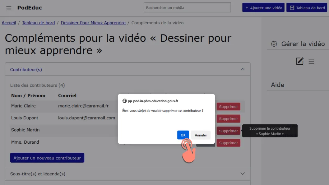 confirmer la suppression du contributeur.