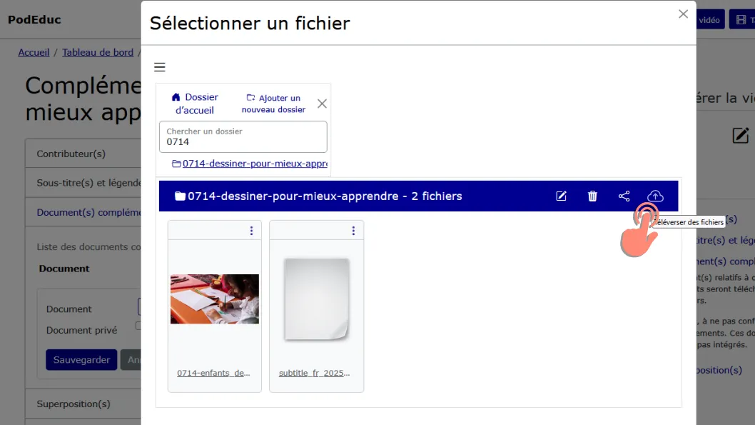 dans le dossier de la vidéo cliquer sur l&rsquo;icone téléversement.