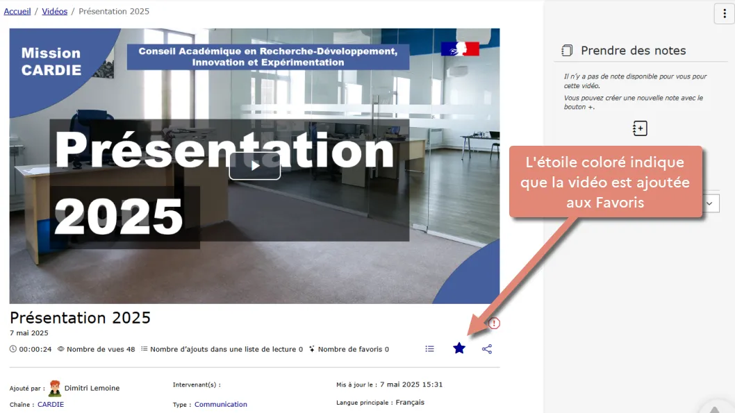 icône étoile pleine sous le lecteur vidéo indiquant l’ajout aux Favoris.