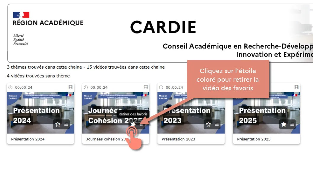 cliquer sur l&rsquo;icône étoile pleine sur une vignette pour le retirer des Favoris.