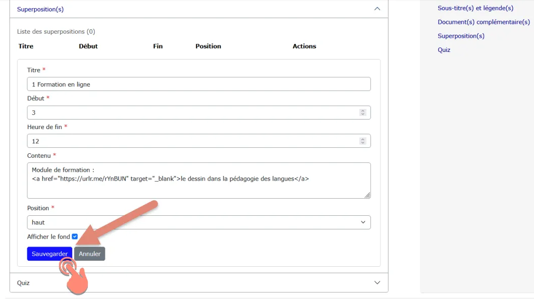 bouton &ldquo;Sauvegarder&rdquo; pour enregistrer la superposition.