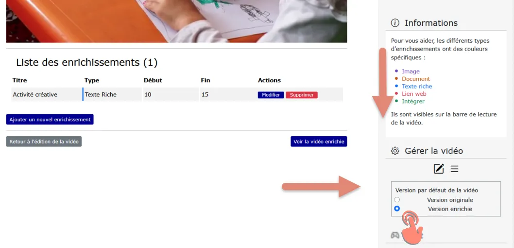 option &ldquo;Gérer la vidéo&rdquo; pour choisir la version par défaut.