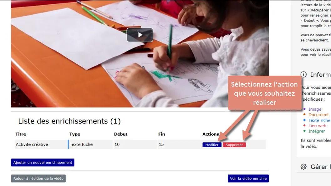 boutons &ldquo;Modifier&rdquo; et &ldquo;Supprimer&rdquo; dans la liste des enrichissements.