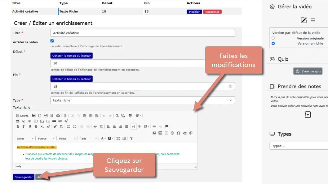 formulaire &ldquo;Créer/Éditer&rdquo; un enrichissement avec bouton &ldquo;Sauvegarder&rdquo;.