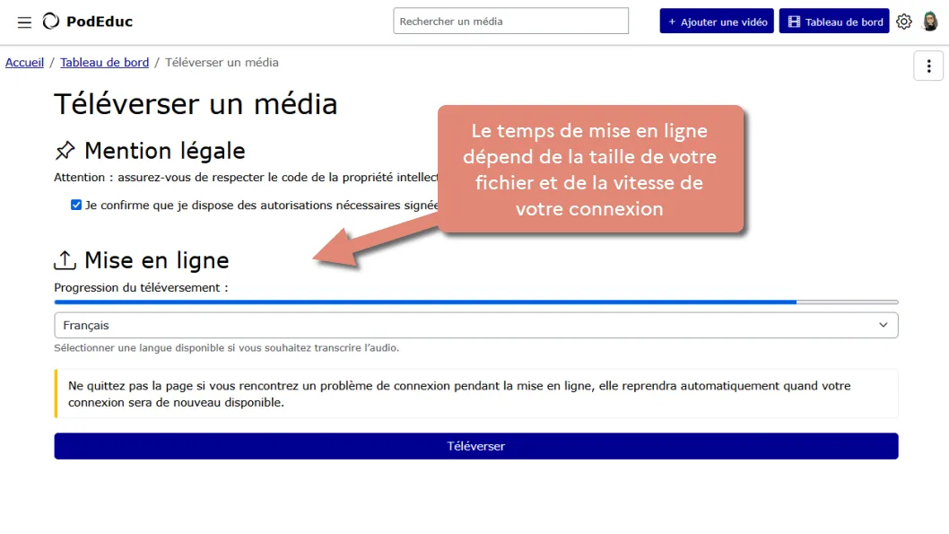 attendez le téléversement sans fermer la page du navigateur.