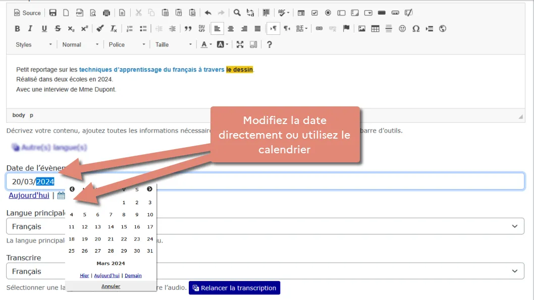 indiquer la date de l&rsquo;évènement.