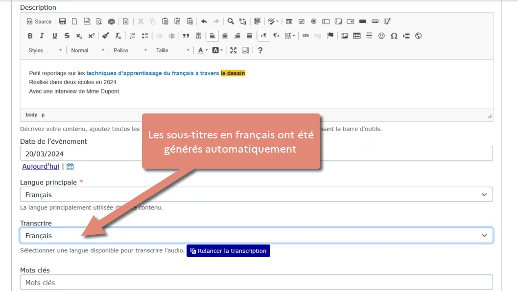 afficher bouton relancer la transcription.