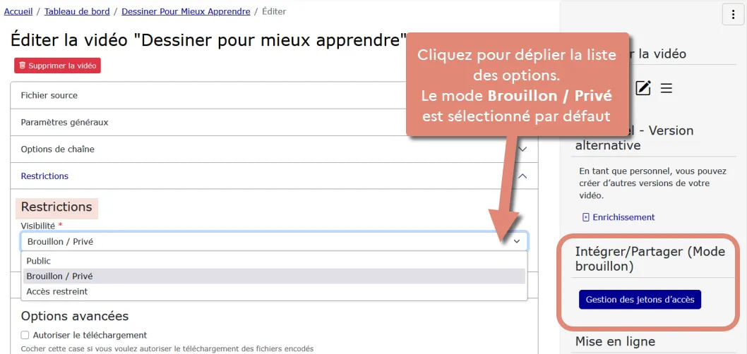 restriction brouillon vidéo privée.