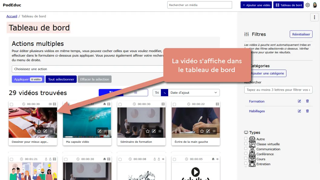 vidéo affichée dans le tableau de bord.