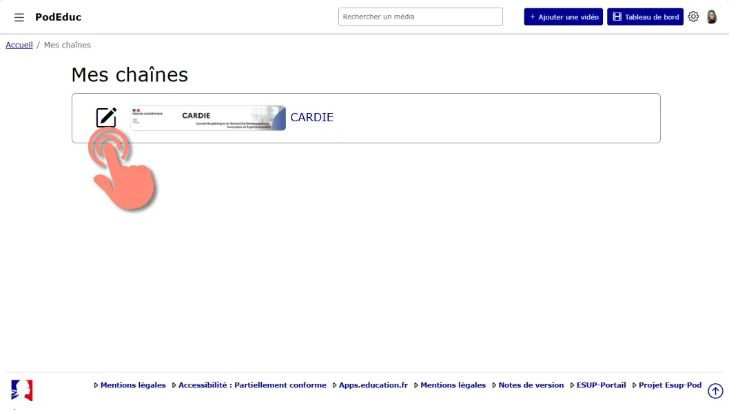 page Mes chaînes avec l’icône de modification de la chaîne.