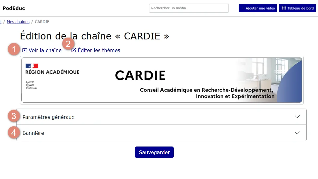 page d’édition de la chaîne avec les options.