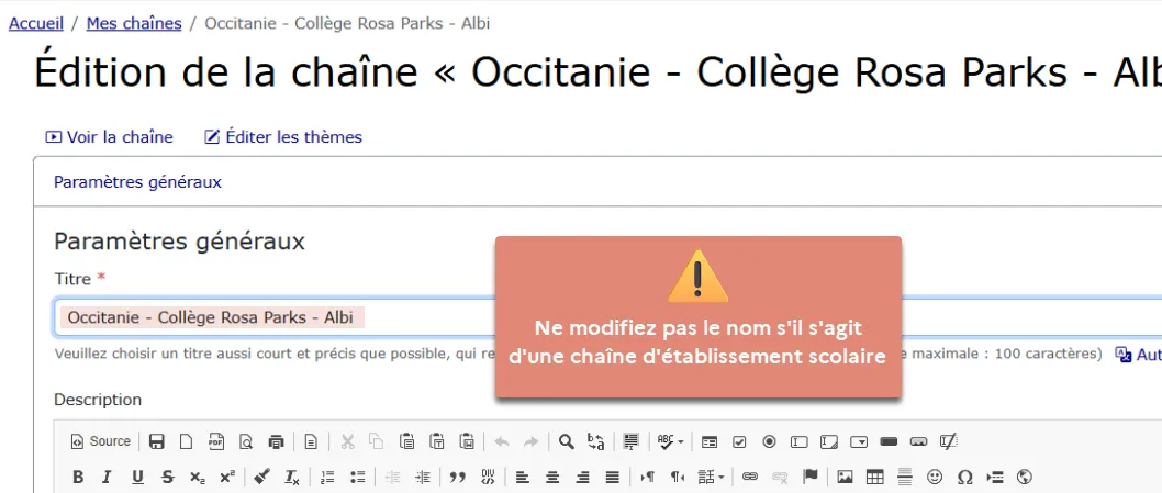 exemple de titre de chaîne d&rsquo;établissement avec nomenclature exigée.