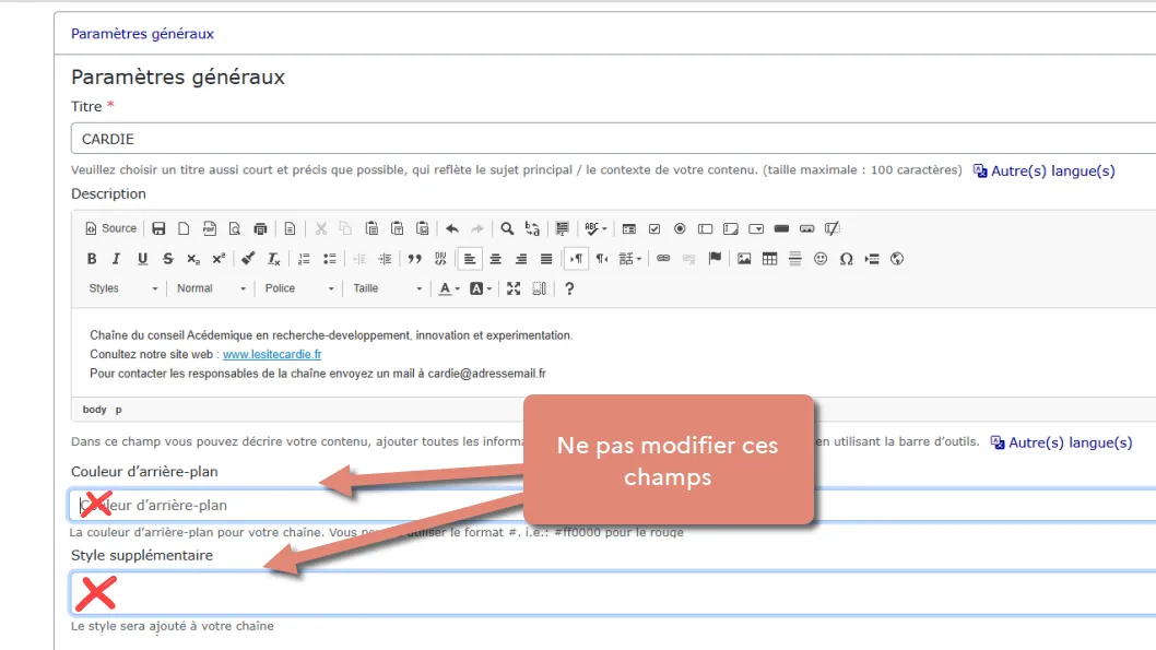 formulaire de personnalisation avec champ pour styles CSS et couleur à ne pas utiliser.