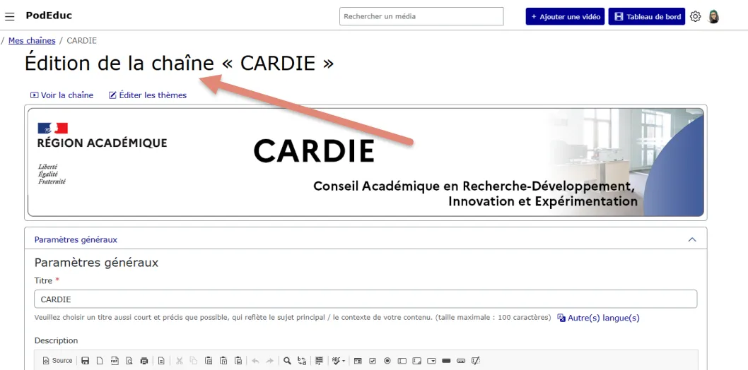 page d’édition de la chaîne.