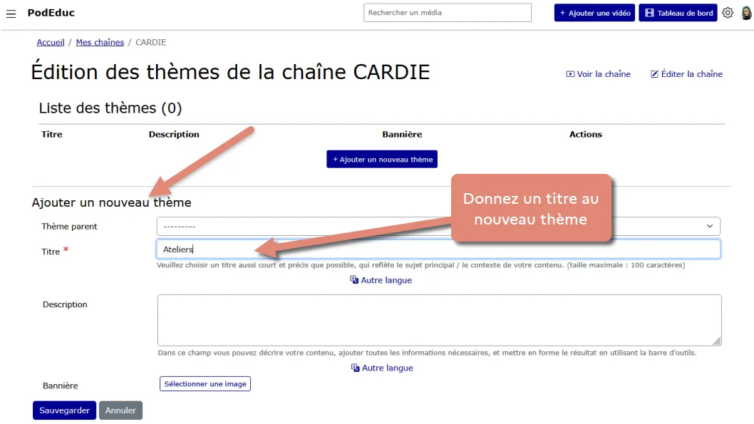 formulaire avec champ pour ajouter le titre d’un thème.
