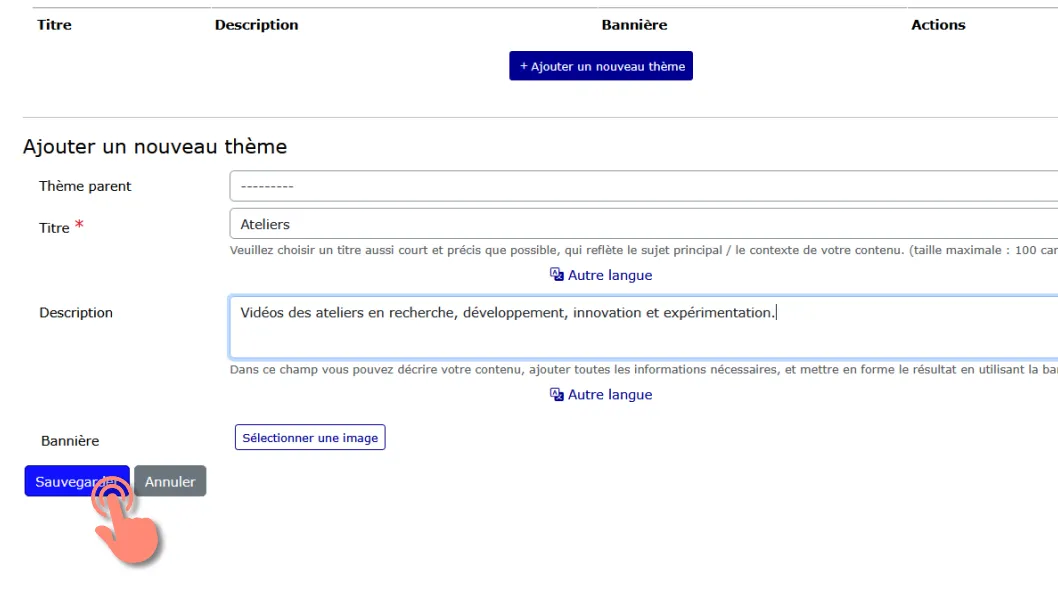 cliquer sur Sauvegarder après création ou modification du thème.