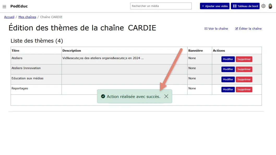 Notification modifications prises en compte.