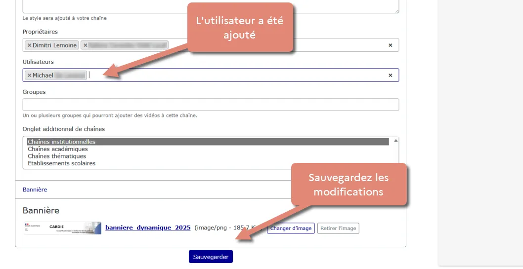 bouton Sauvegarder après ajout d’un utilisateur.