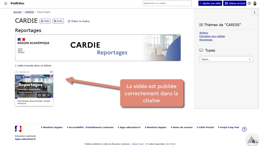 vidéo affichée dans la page publique de la chaîne .