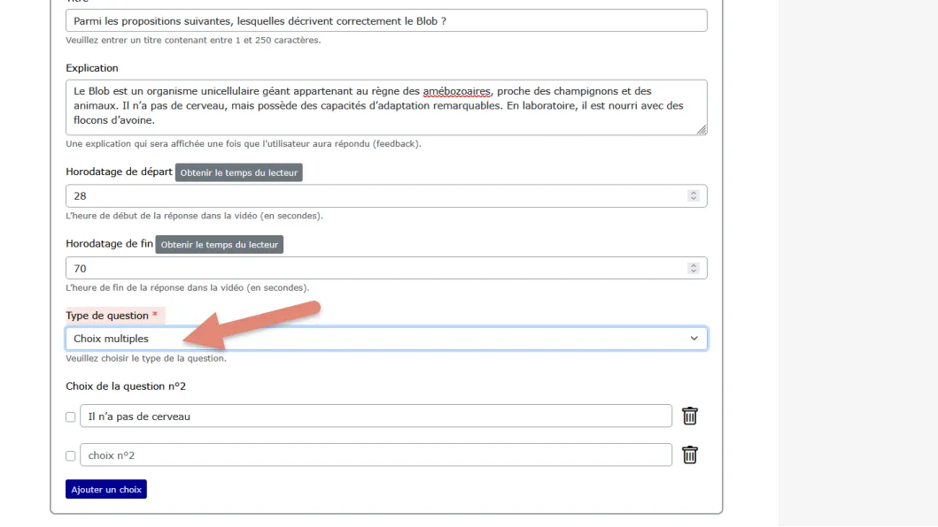sélectionner un type de réponse de choix multiple.