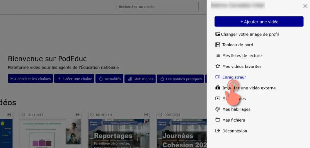 menu du profil, cliquer sur enregistreur.