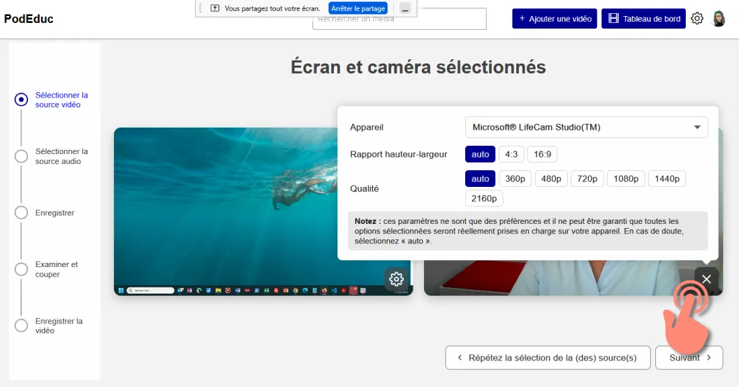 afficher les paramètres de qualité de la webcam.
