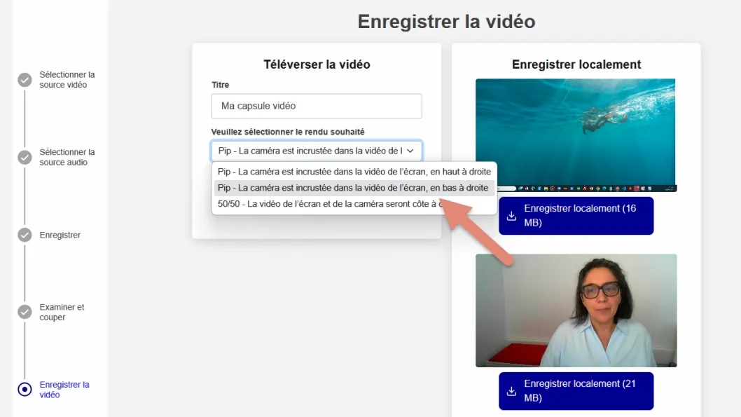 choisir la position de la webcam dans la vidéo finale.
