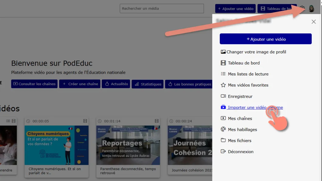 accéder au menu importer une vidéo externe.