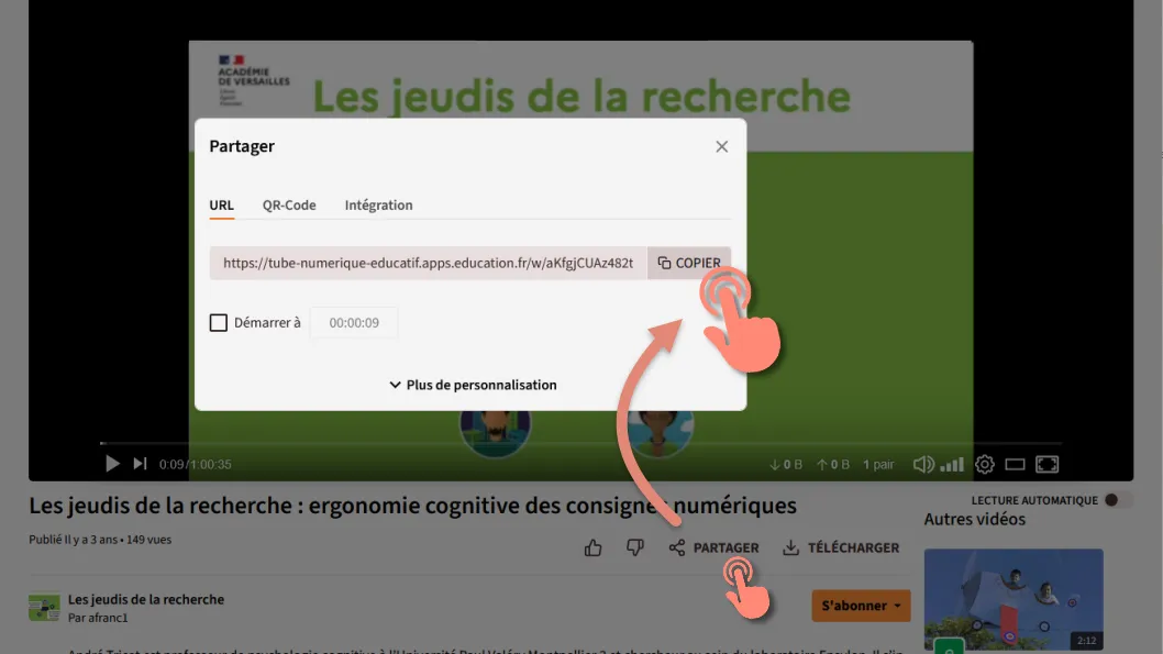 copier l’url de partage depuis peertube ou youtube.