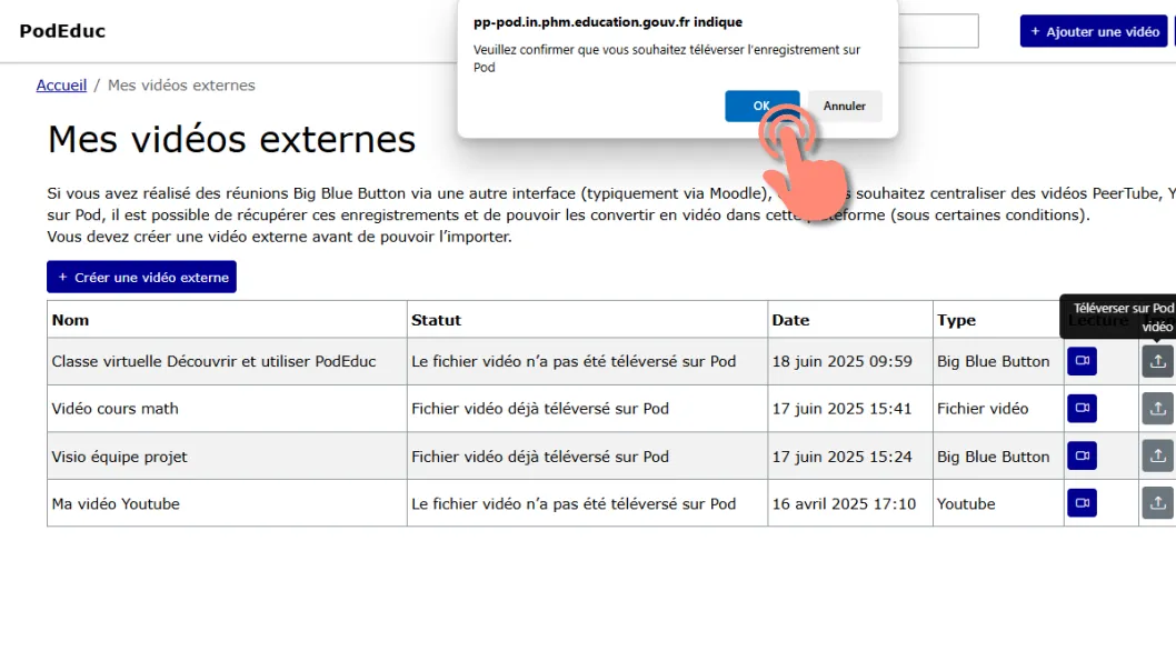 confirmer le téléversement vers podeduc.