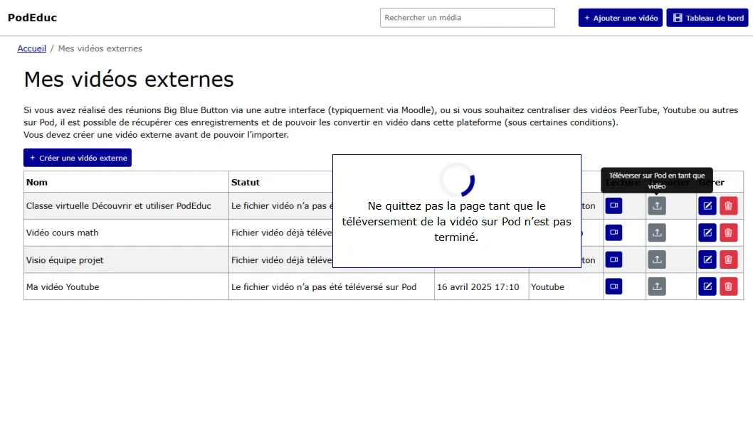 message d’avertissement pendant le téléversement.