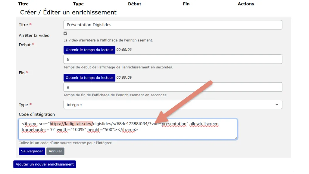 champ pour coller le code html de La Digitale.