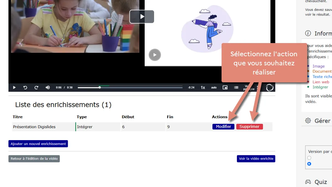 Boutons modifier et supprimer dans le tableau liste des enrichissements.