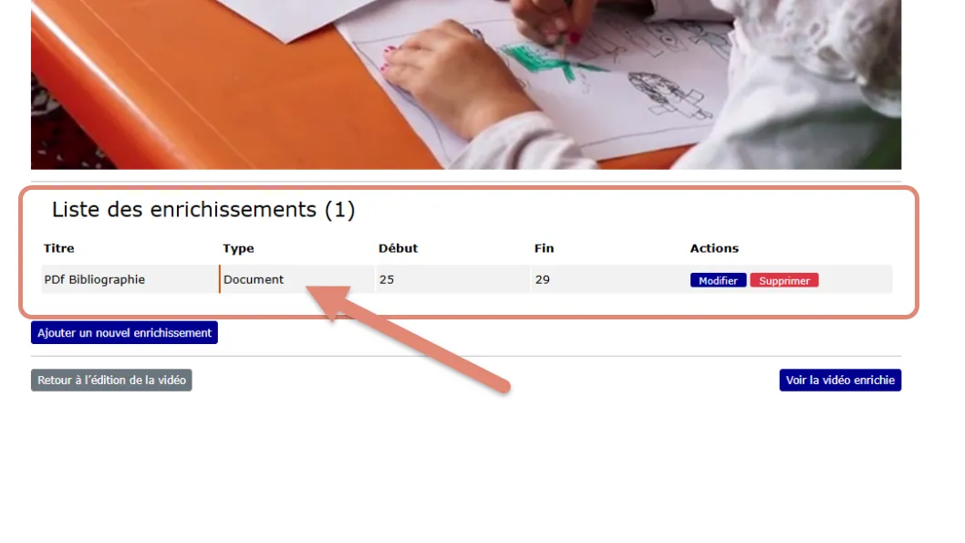 enrichissement document ajouté à la liste des enrichissements sous la vidéo.