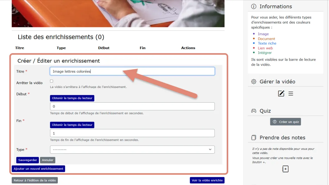 formulaire de création d’enrichissement avec champ titre à renseigner.