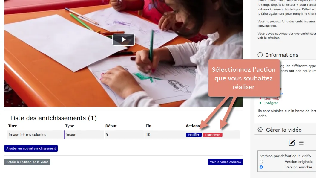 boutons modifier et supprimer dans le tableau liste des enrichissements.