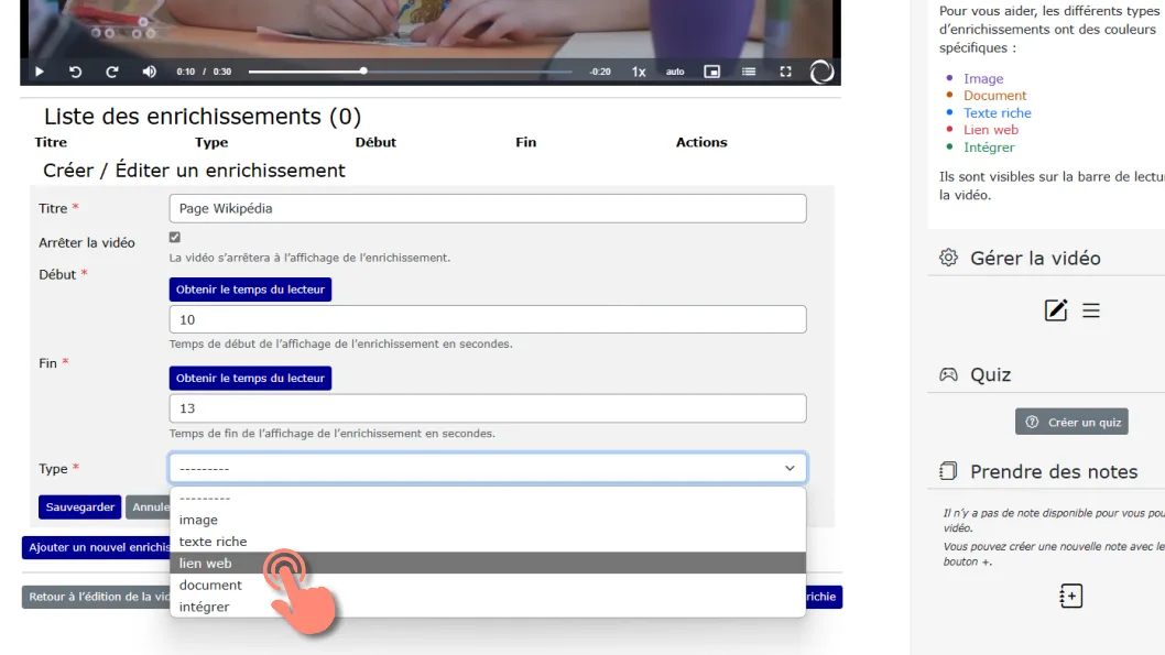 sélection du type d’enrichissement lien web.