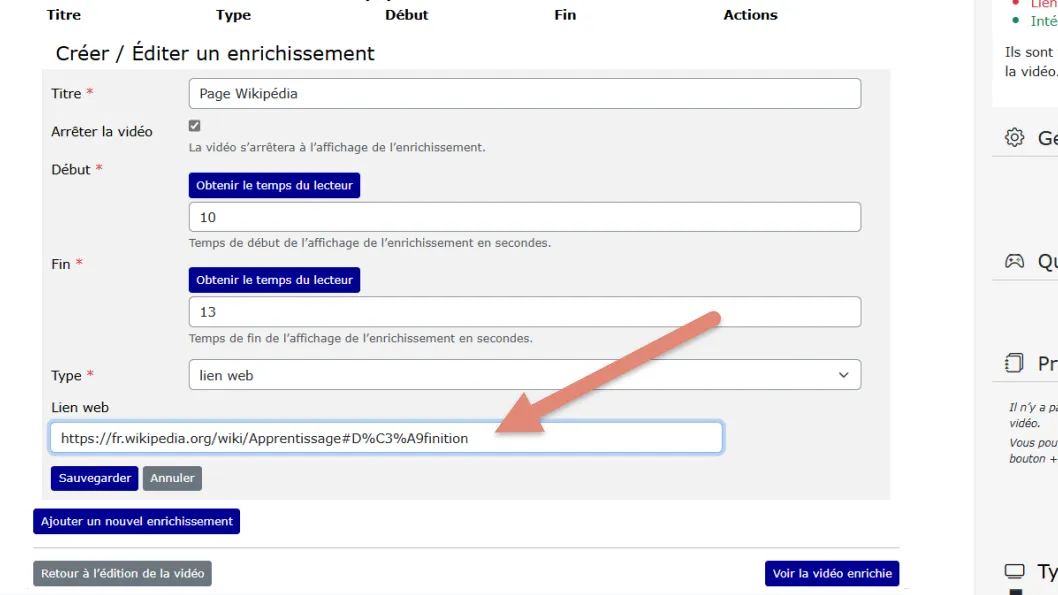 champ pour renseigner l’url du site web.