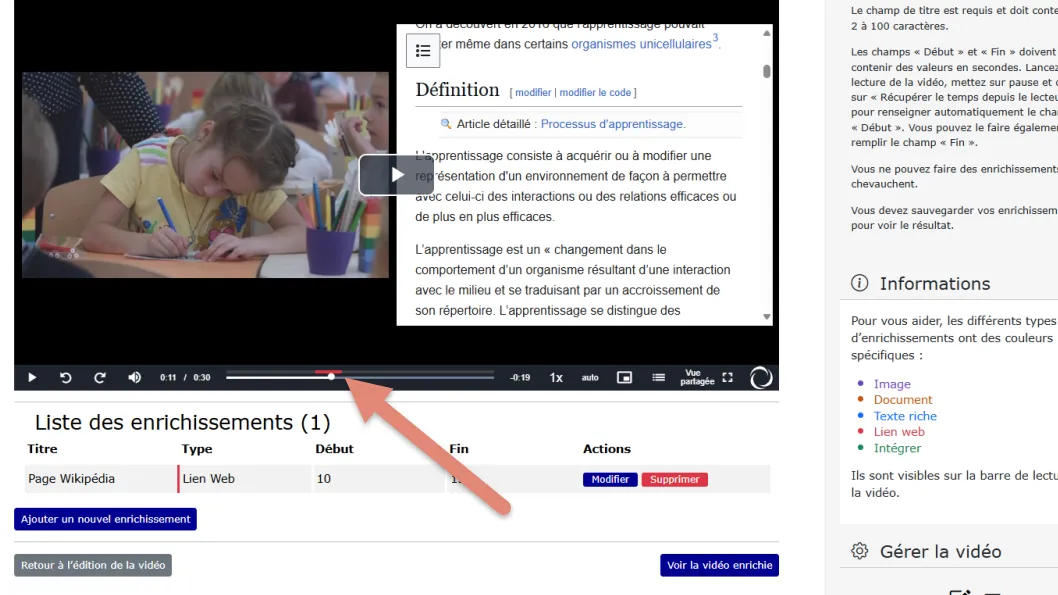 affichage de l’enrichissement page web dans la vidéo et barre rouge sur la timeline.
