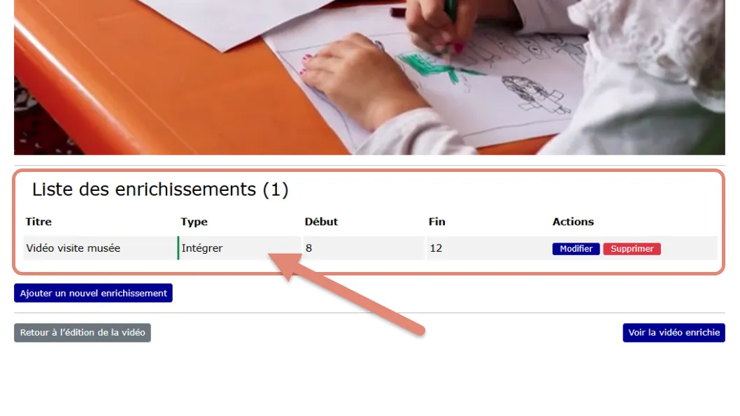 Enrichissement intégrer  est ajouté à la liste des enrichissements sous la vidéo.