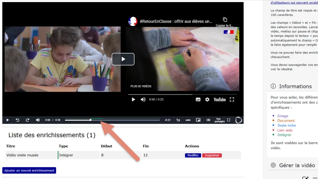 Affichage de l’enrichissement intégrer dans la vidéo et barre rouge sur la timeline.