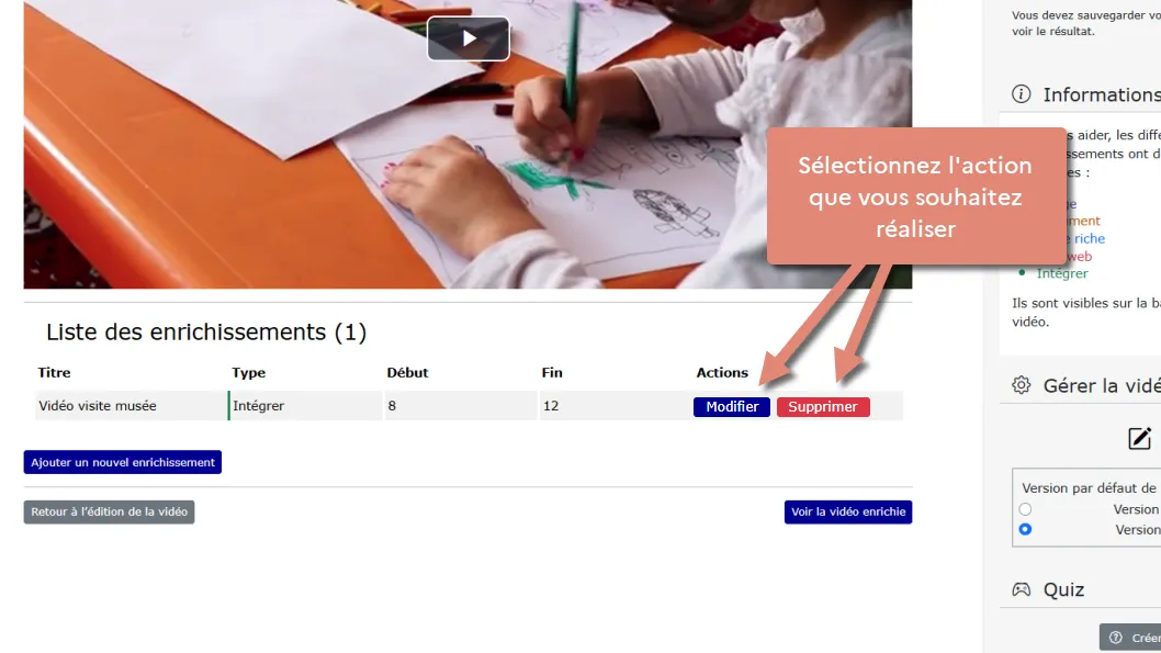 Boutons modifier et supprimer dans le tableau liste des enrichissements.