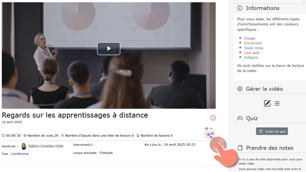 bouton de partage dans la page de la vidéo.