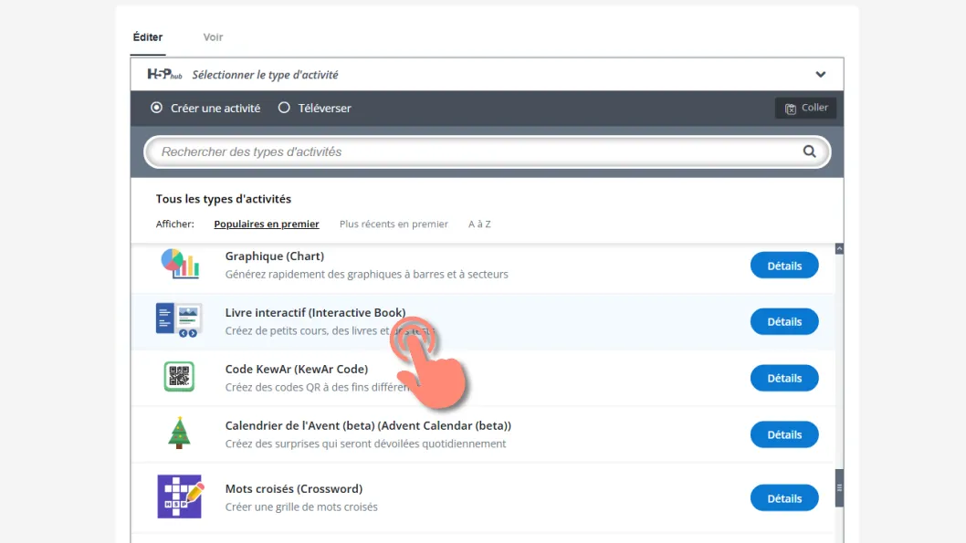 option livre interactif dans H5p.