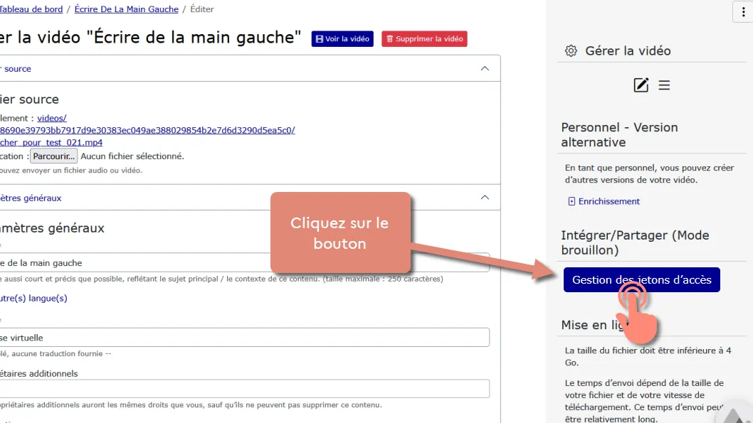 bouton « Intégrer / Partager (Mode brouillon) » dans le formulaire d’édition.
