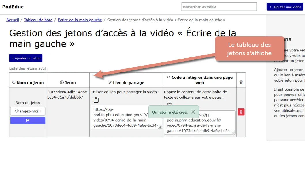 tableau avec un nouveau jeton.