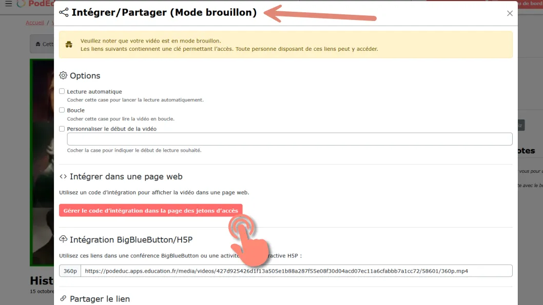 Capture : page partage vidéo en mode brouillon accès aux jetons.